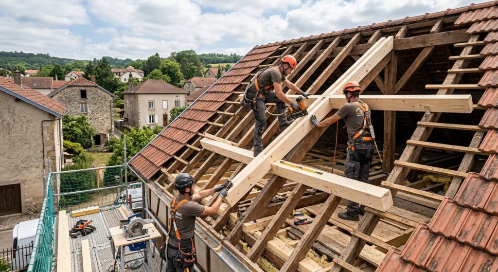 Supprimer un entrait de charpente : est-ce possible et comment ? 3 Des ouvriers charpentiers installant des renforts en bois pour modifier la structure d'un toit.