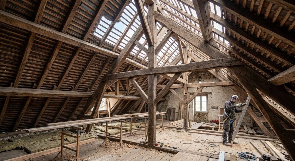 Supprimer un entrait de charpente : est-ce possible et comment ? 2 Une structure de charpente traditionnelle en bois sous les toits d'une maison en cours de rénovation.