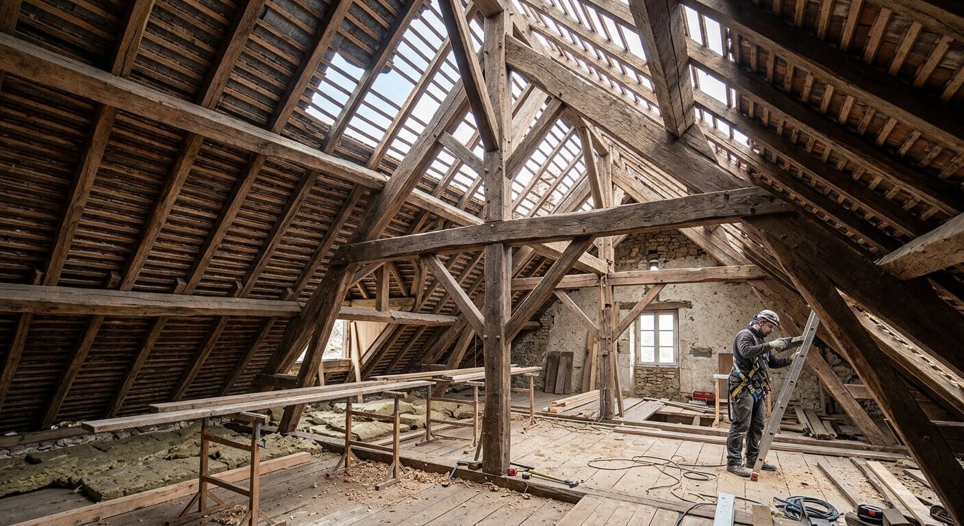 Une structure de charpente traditionnelle en bois sous les toits d'une maison en cours de rénovation.