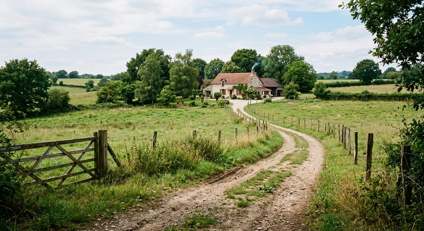 Un chemin de terre traversant un terrain privé pour desservir une habitation située en arrière-plan.