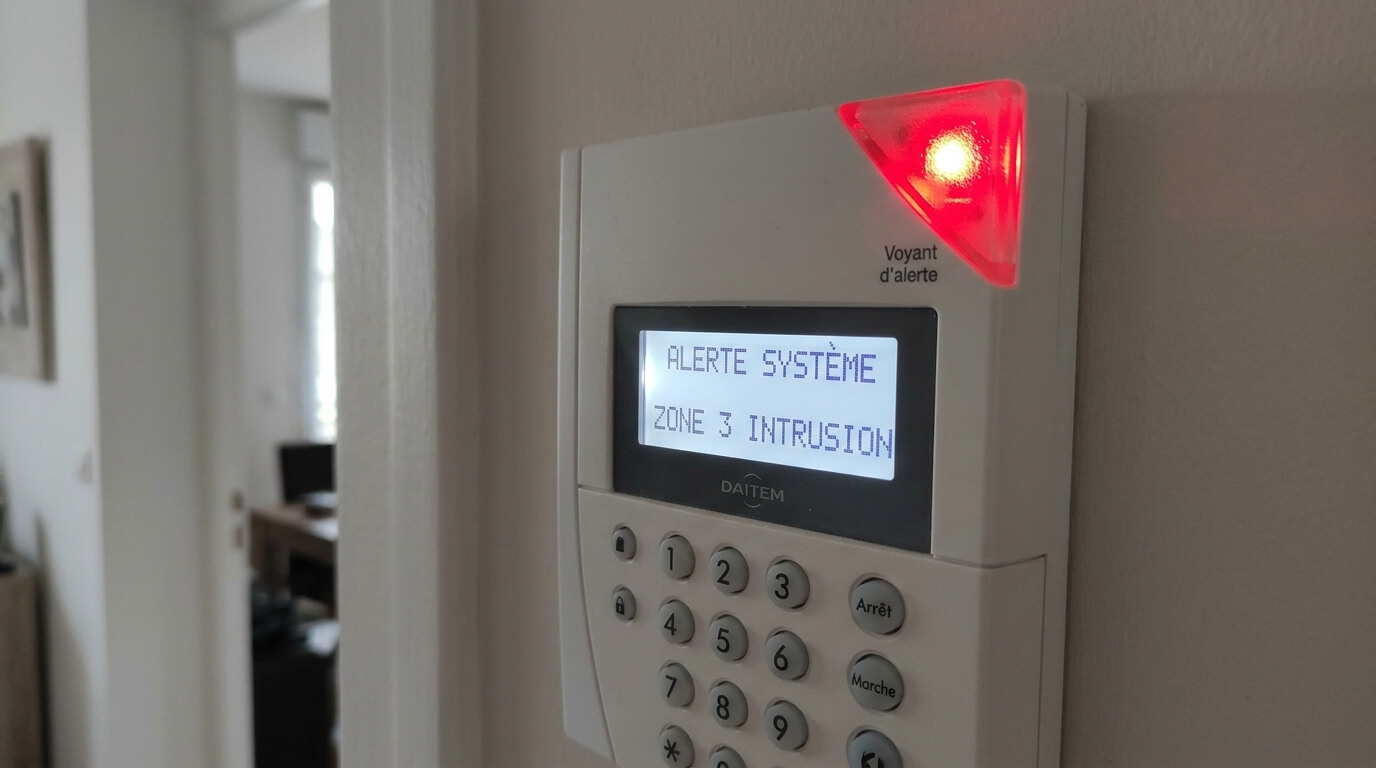 Le clavier de commande d'une alarme sans fil Daitem affichant un voyant d'alerte.