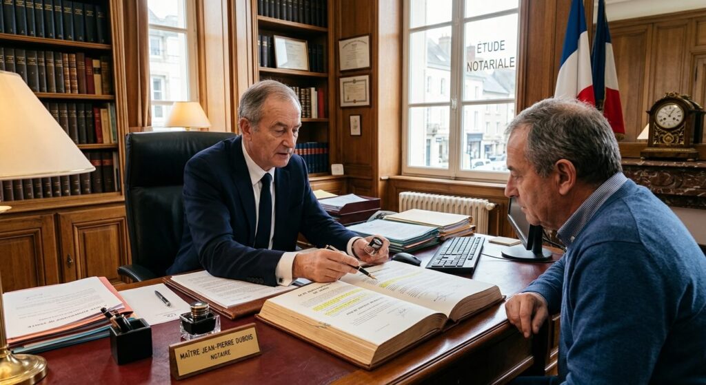 Un notaire analysant les clauses d'un acte authentique de vente avec un propriétaire.