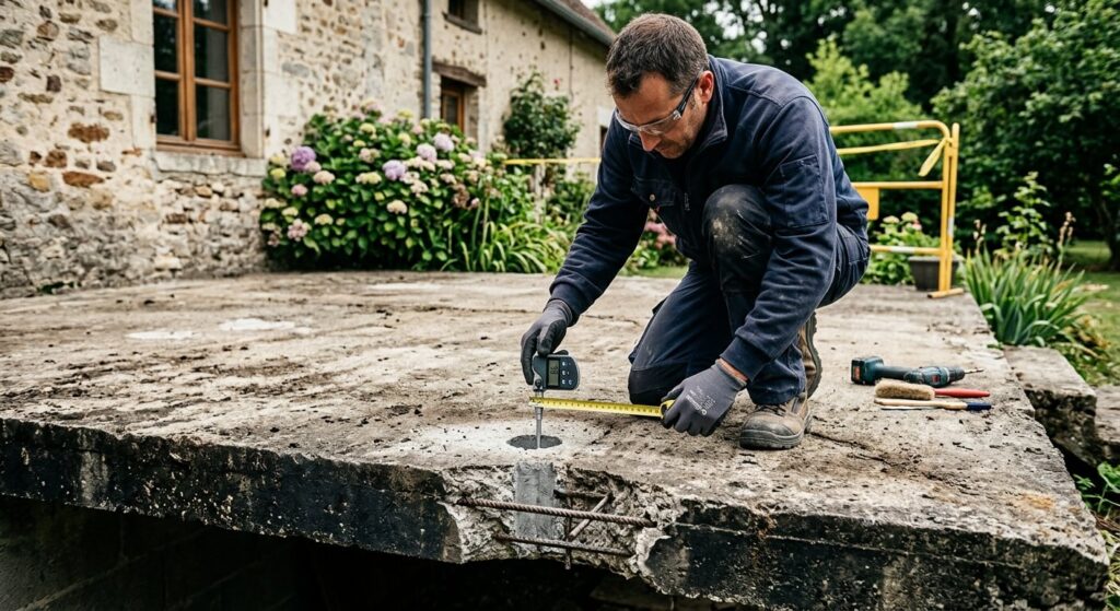 Mesure de l'épaisseur de la dalle en béton armé d'une terrasse avant travaux.