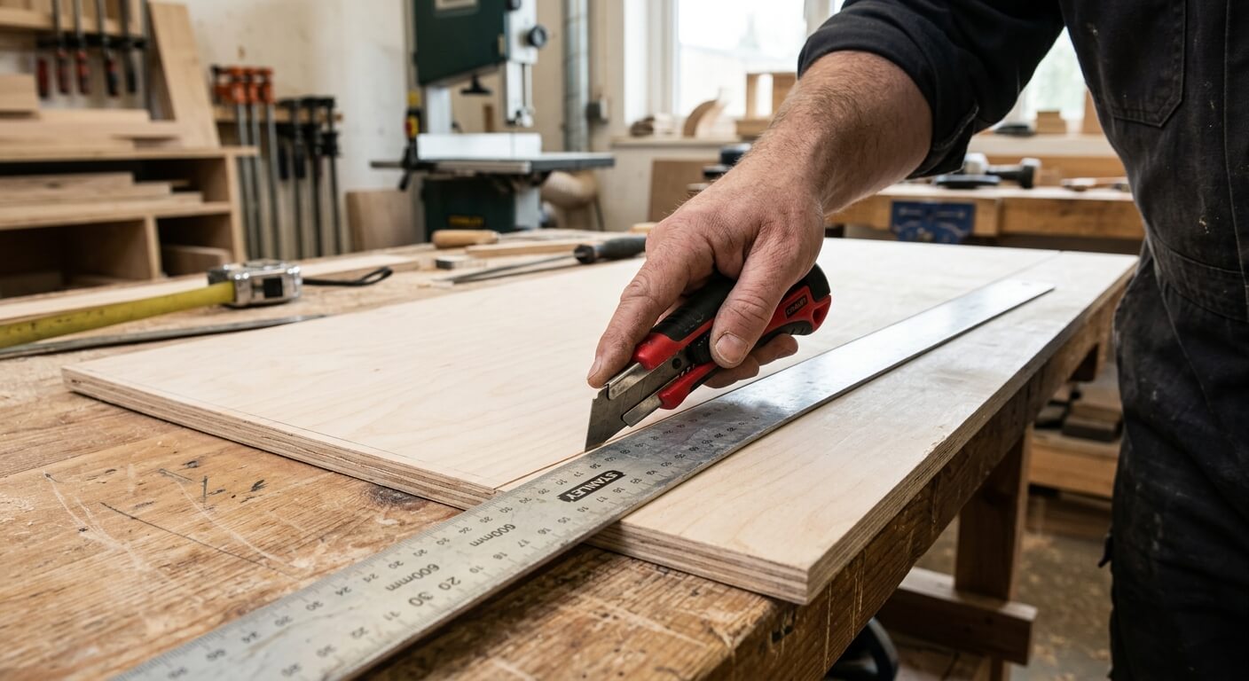 Une main guidant un cutter le long d'une règle métallique pour entamer une planche de contreplaqué.