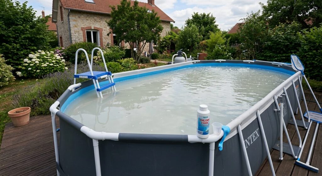 Eau de piscine trouble après l'ajout de pH Plus : que faire pour retrouver une eau limpide ? 2 L'eau d'une piscine hors-sol présentant un aspect laiteux et trouble après un traitement chimique.