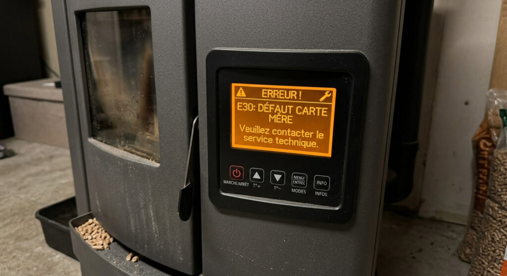 Problème de carte mère sur poêle à granulés : pannes et réparations 3 L'écran de contrôle d'un poêle à pellets affichant un code d'erreur de carte mère.