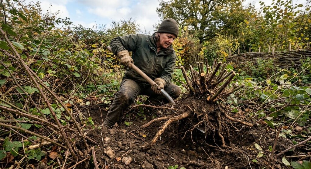 Extraction d'une souche de ronce avec ses racines à l'aide d'une louchet de jardinier.
