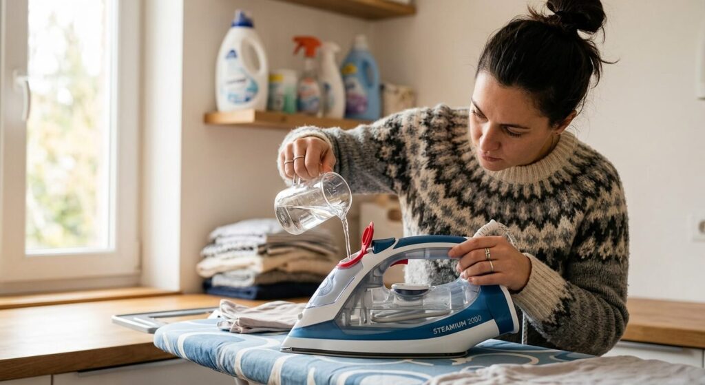 L'eau de pluie est-elle déminéralisée ? Ce qu'il faut savoir avant de l'utiliser 4 Une personne versant de l'eau dans le réservoir d'un fer à repasser à vapeur.