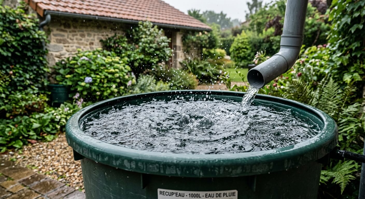 Des gouttes d'eau de pluie tombant dans une cuve de récupération d'eau extérieur.