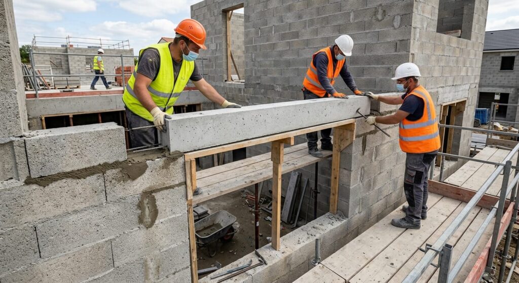 Ouverture maximum sans linteau : quelles sont les limites en maçonnerie ? 3 La pose d'un linteau en béton armé au-dessus d'un futur encadrement de fenêtre de chantier.