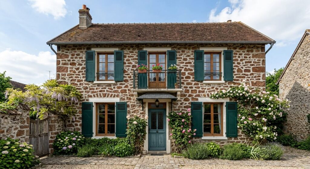 La façade typique d'une maison ancienne en pierre de meulière avec ses joints en mortier de ciment.