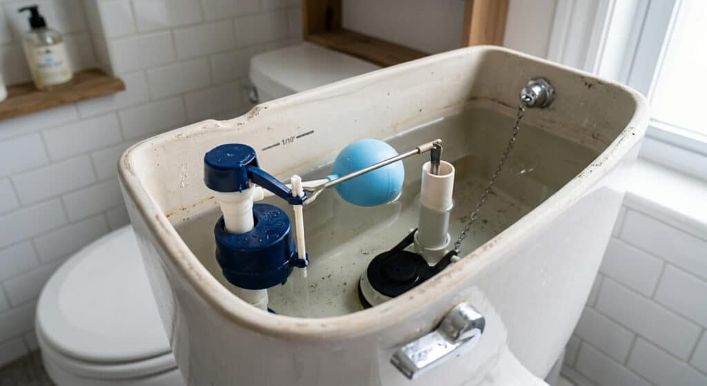 Le réservoir d'eau ouvert de toilettes montrant le mécanisme de chasse d'eau et le flotteur.