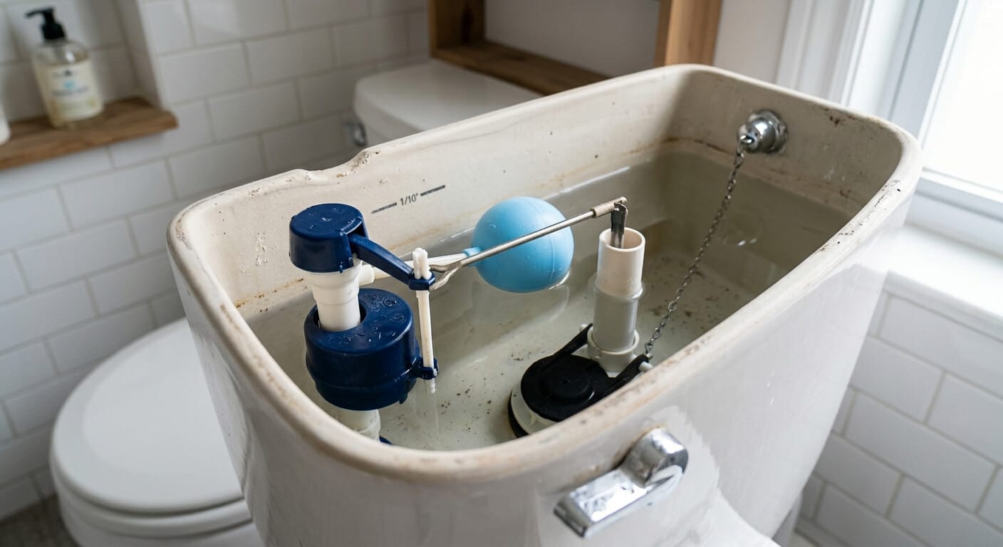 Le réservoir d'eau ouvert de toilettes montrant le mécanisme de chasse d'eau et le flotteur.