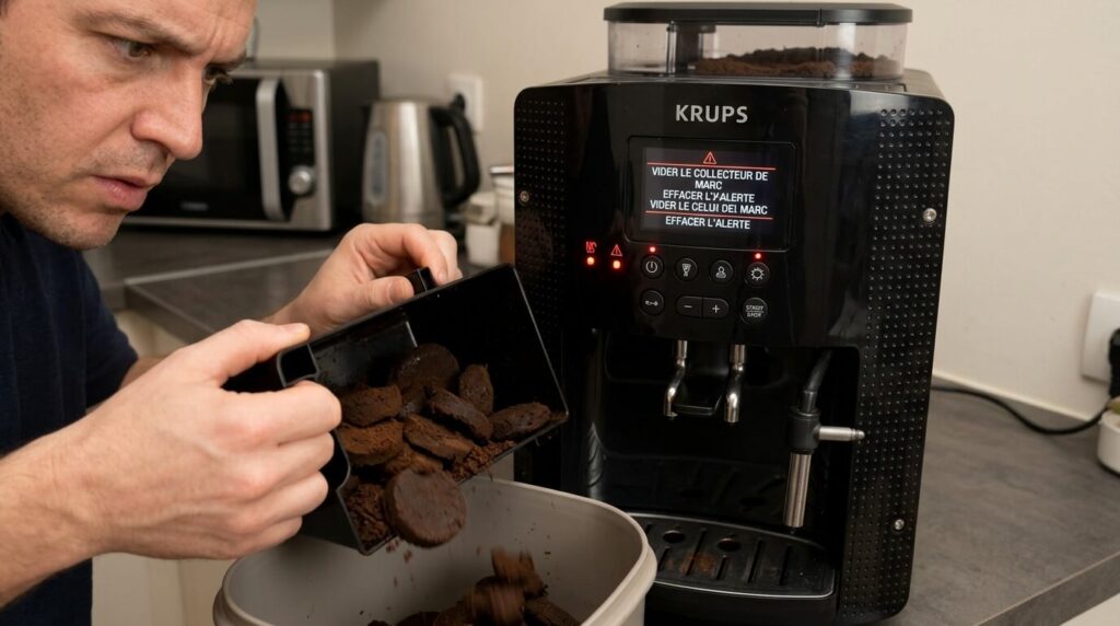 Une personne vidant le collecteur de marc de café d'une machine Krups pour effacer une alerte.