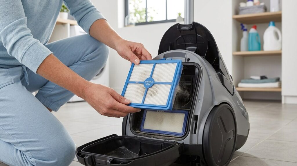 Mon aspirateur Rowenta Silence Force n'aspire plus : pannes et solutions 3 Une personne retirant le filtre poussière HEPA lavable d'un aspirateur traîneau Rowenta.