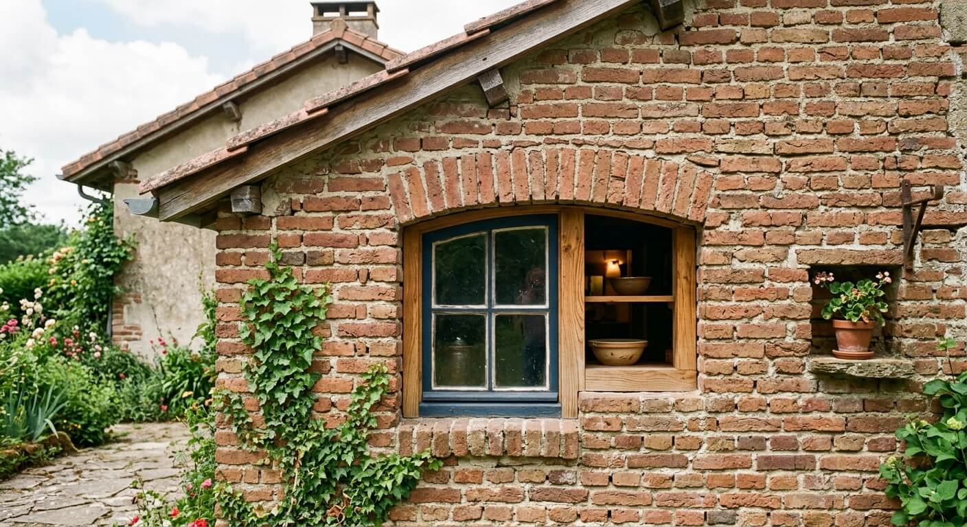 Une ouverture de petite taille pratiquée dans un mur en briques de maison sans affaissement visible.