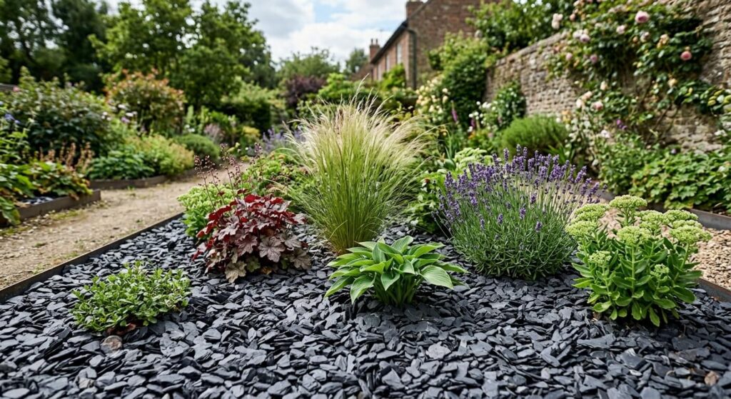 Un paillage minéral moderne réalisé avec des brisures de schiste noir au pied de plantes de jardin.