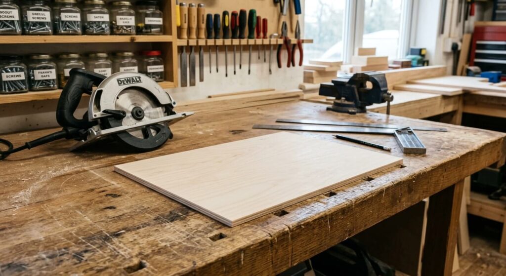 Comment couper du contreplaqué au cutter sans éclats ? 3 Un panneau de contreplaqué mince découpé de façon nette sur un établi de bricolage.