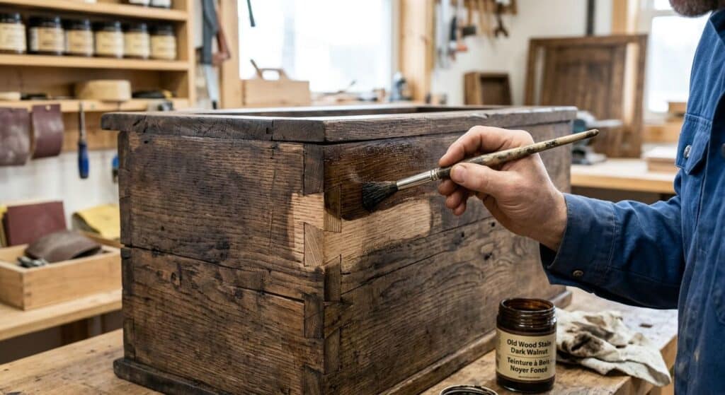 Un pinceau fin appliquant une teinture foncée sur une réparation de meuble en bois rustique.