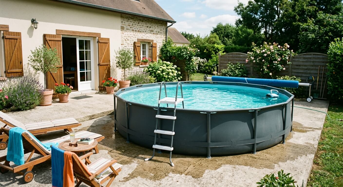 Une piscine hors-sol installée sur la dalle en béton d'une terrasse extérieure.