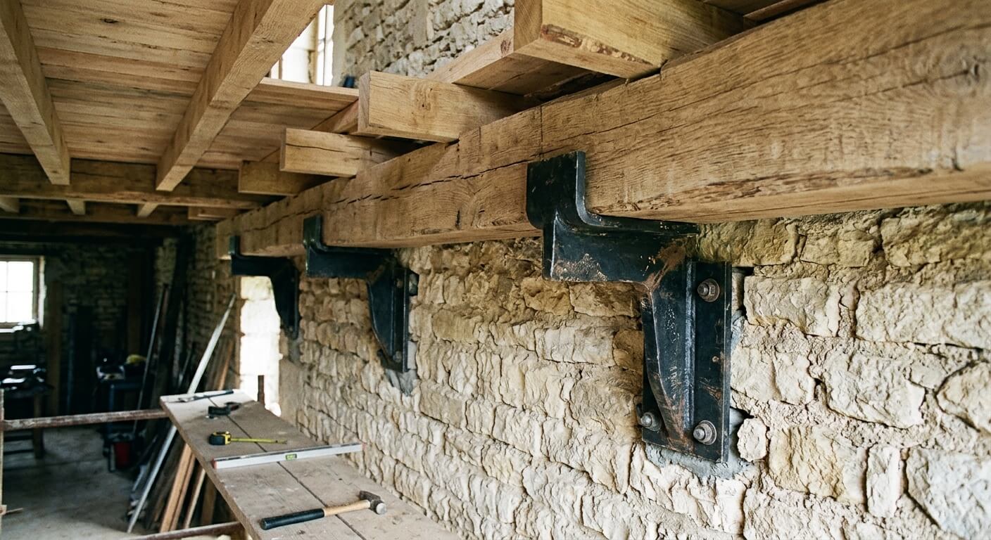 Une poutre muralière en bois reposant sur des corbeaux métalliques fixés dans un mur en maçonnerie.