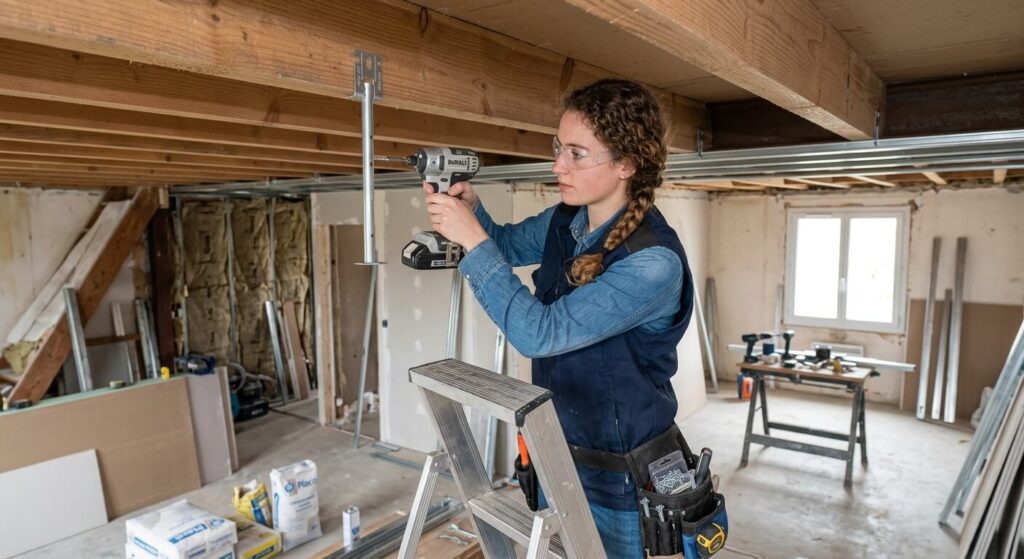 Un plaquiste vissant une suspente métallique sur un solivage en bois.