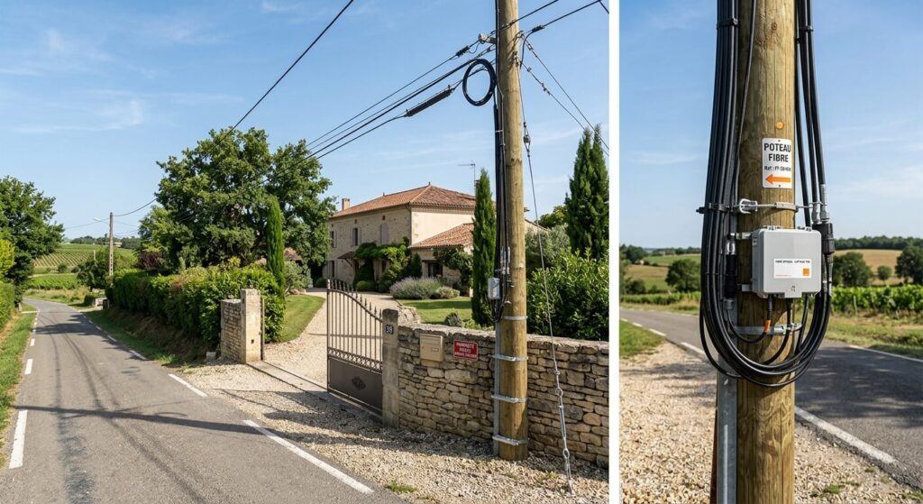 Un poteau téléphonique en bois ou en béton installé en bordure d'une propriété privée pour le déploiement de la fibre.