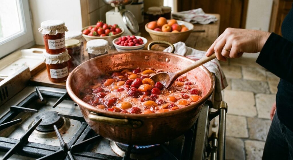 Une bassine en cuivre remplie de fruits en train de cuire pour la fabrication d'une confiture maison.