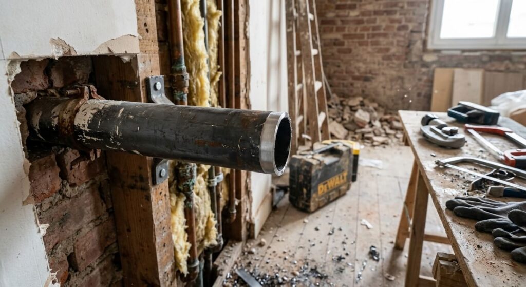 Un tuyau en acier de chauffage découpé proprement lors de travaux dans une maison.