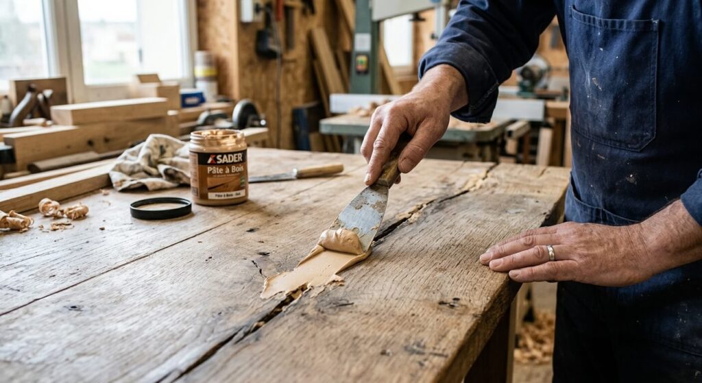 Une personne appliquant de la pâte à bois à l'aide d'une spatule métallique sur une fissure de table en bois.