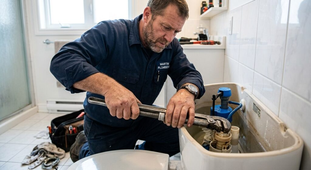 Une personne démontant un mécanisme de WC à l'aide d'une clé de plomberie.