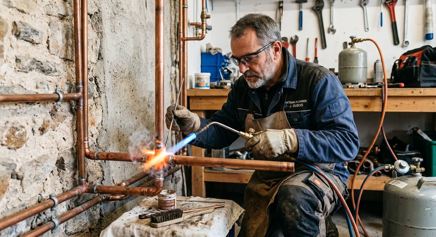 Un artisan plombier réalisant une brasure sur un tuyau de cuivre avec un chalumeau.