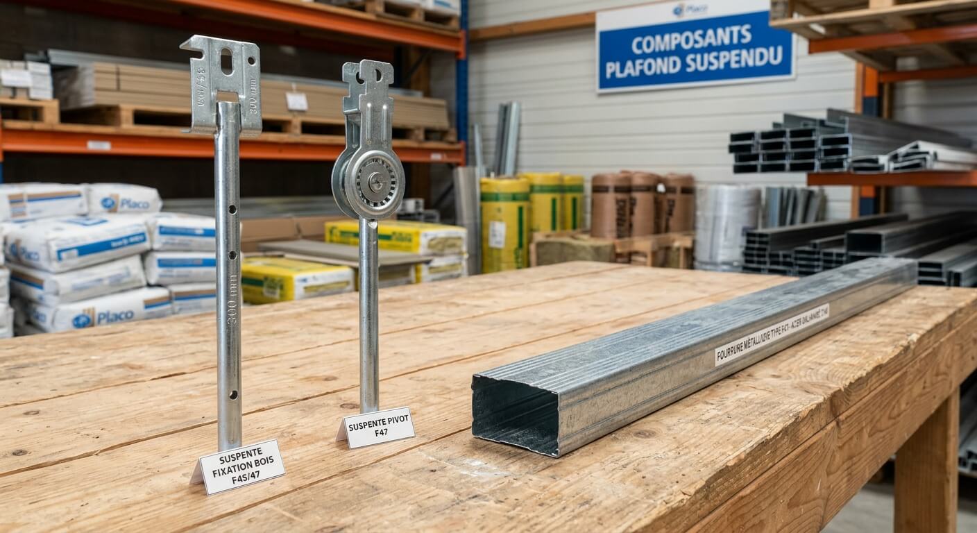 Deux modèles de suspentes en acier galvanisé posés à côté d'une fourrure métallique.