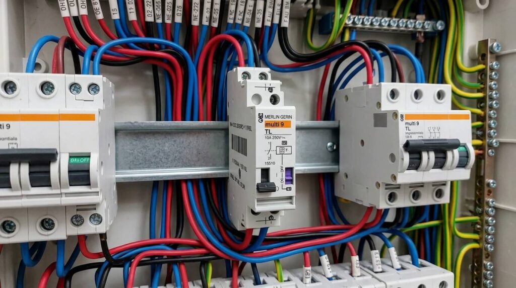 Merlin Gerin Multi 9 TL : à quoi sert ce télérupteur dans votre tableau électrique ? 2 Le module télérupteur Merlin Gerin Multi 9 TL installé sur le rail d'un tableau électrique.