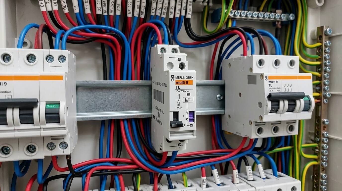 Le module télérupteur Merlin Gerin Multi 9 TL installé sur le rail d'un tableau électrique.