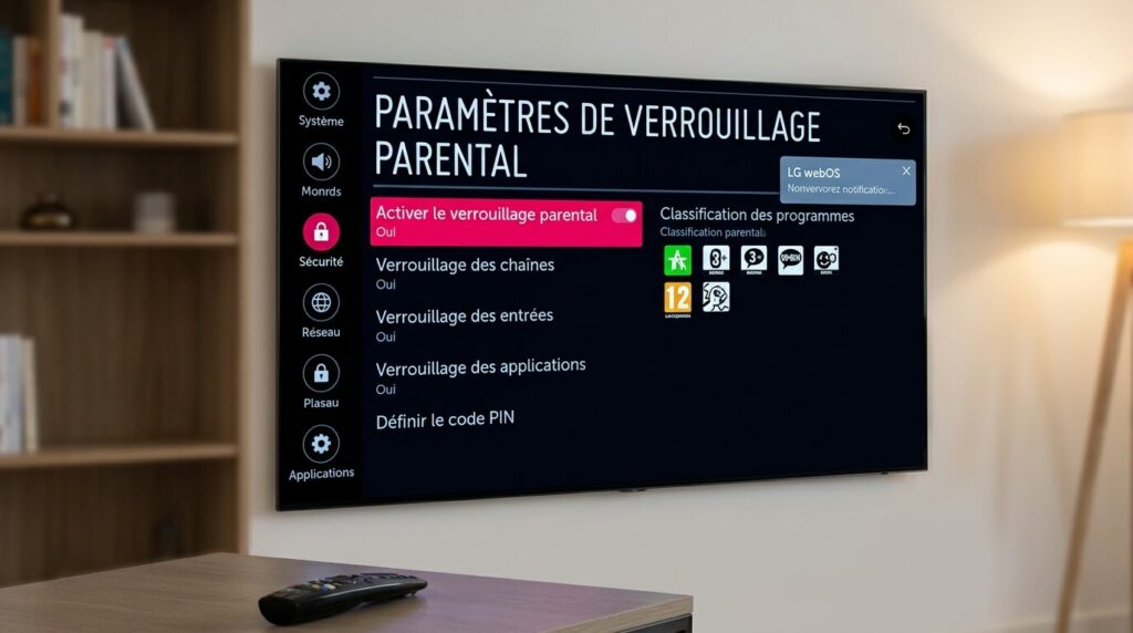 L'écran d'un téléviseur LG affichant le menu des paramètres de verrouillage parental.