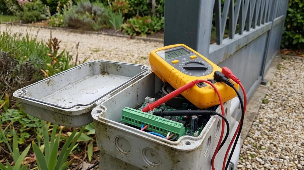 Un multimètre de mesure électrique posé sur le bornier d'un moteur automatique de jardin.