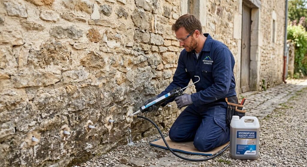 Un technicien injectant de la résine hydrofuge à la base d'un mur en pierre pour stopper l'humidité.
