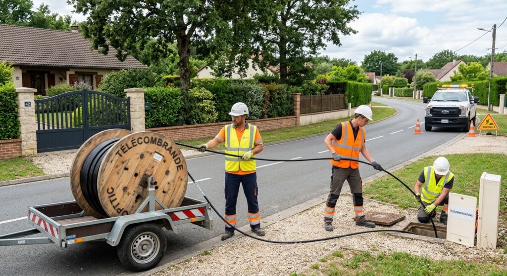 Des techniciens en gilets de sécurité déroulant des câbles de télécommunication près d'un terrain résidentiel.