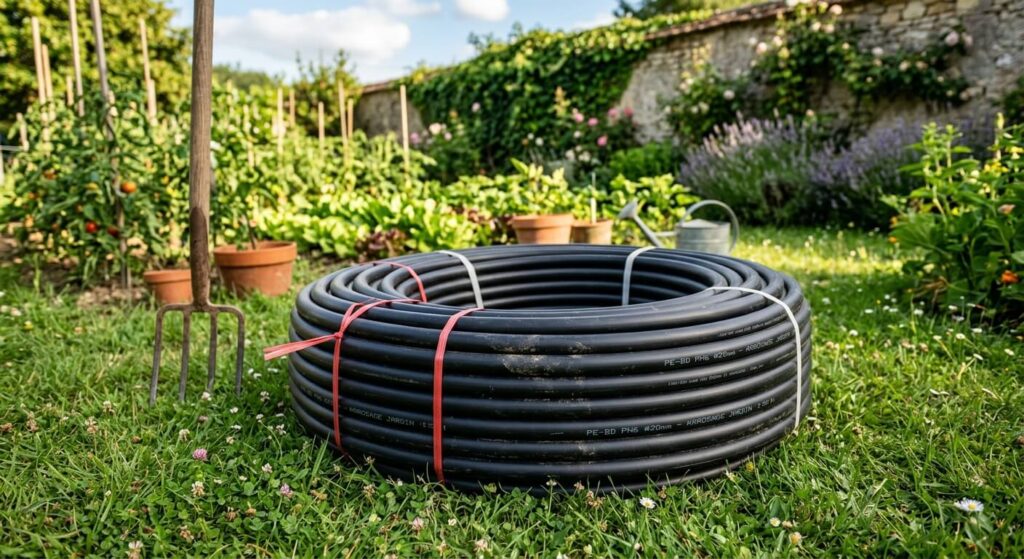 Comment assouplir un tuyau en polyéthylène pour faciliter sa pose ? 2 Une couronne de tuyau en polyéthylène noir rigide utilisée pour l'arrosage du jardin.