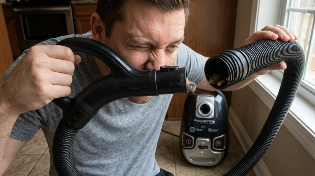 Mon aspirateur Rowenta Silence Force n'aspire plus : pannes et solutions 4 Un utilisateur regardant à l'intérieur du tuyau flexible de son aspirateur pour vérifier l'absence de bouchon.