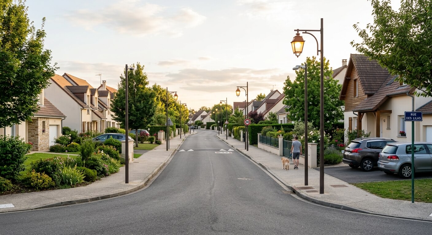 Une rue résidentielle de lotissement avec éclairage public et trottoirs.