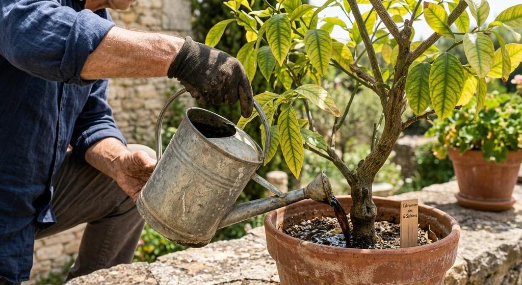 Arrosage au pied d'un agrume avec un arrosoir contenant du sulfate de fer dissous.