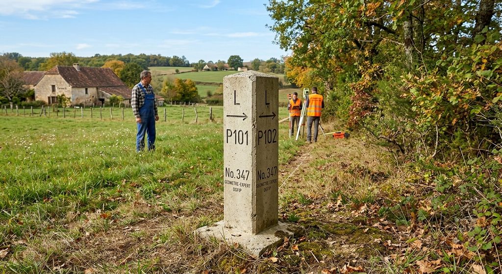 Erreur de cadastre et prescription trentenaire : limites de propriété et recours 4 Borne de délimitation en béton matérialisant la limite séparative réelle entre deux parcelles.