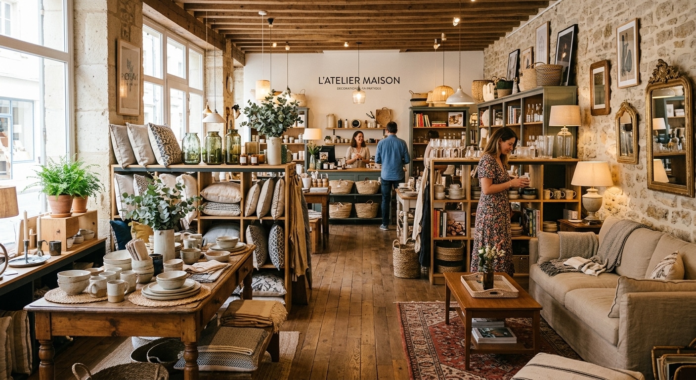 Intérieur d'une boutique de décoration présentant des articles de maison et de mobilier.