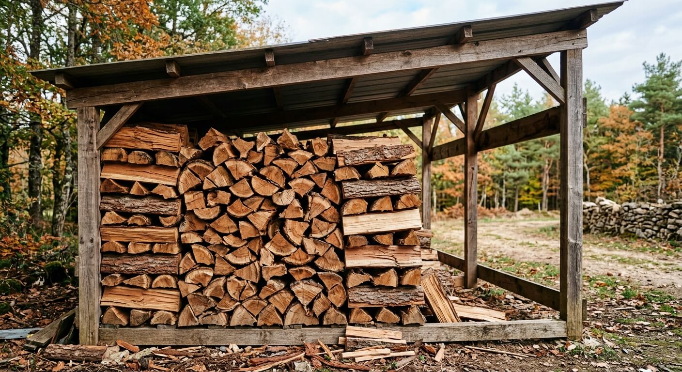 Bûches de thuya fendues et séchées sous abri pour le bois de chauffage.