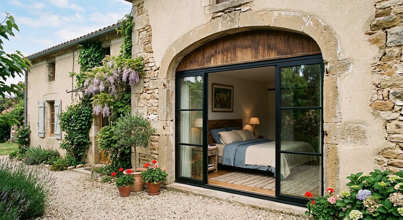 Ancienne porte de garage remplacée par une baie vitrée pour créer une chambre.