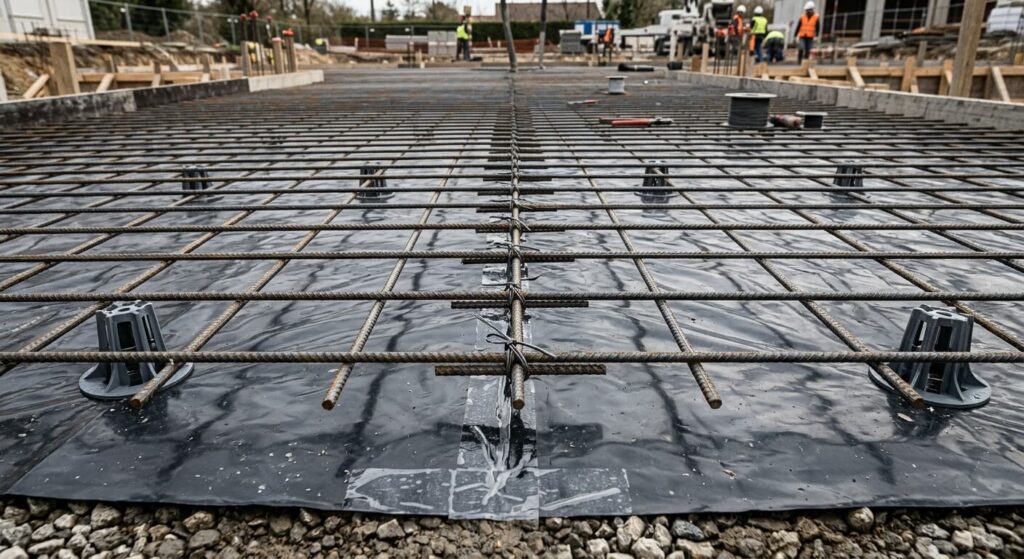 Chevauchement des mailles d'un treillis soudé sur un film polyane avant coulage du béton.