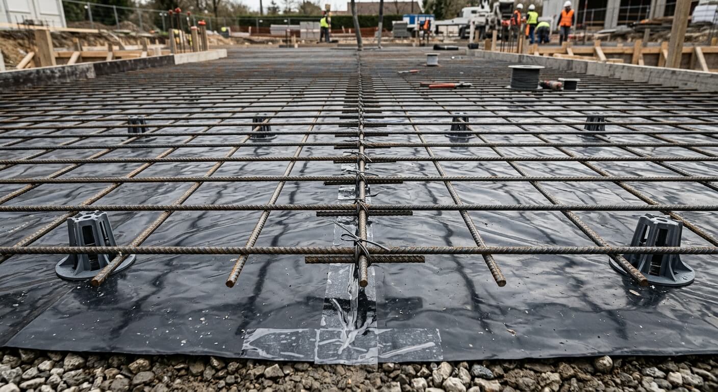 Chevauchement des mailles d'un treillis soudé sur un film polyane avant coulage du béton.