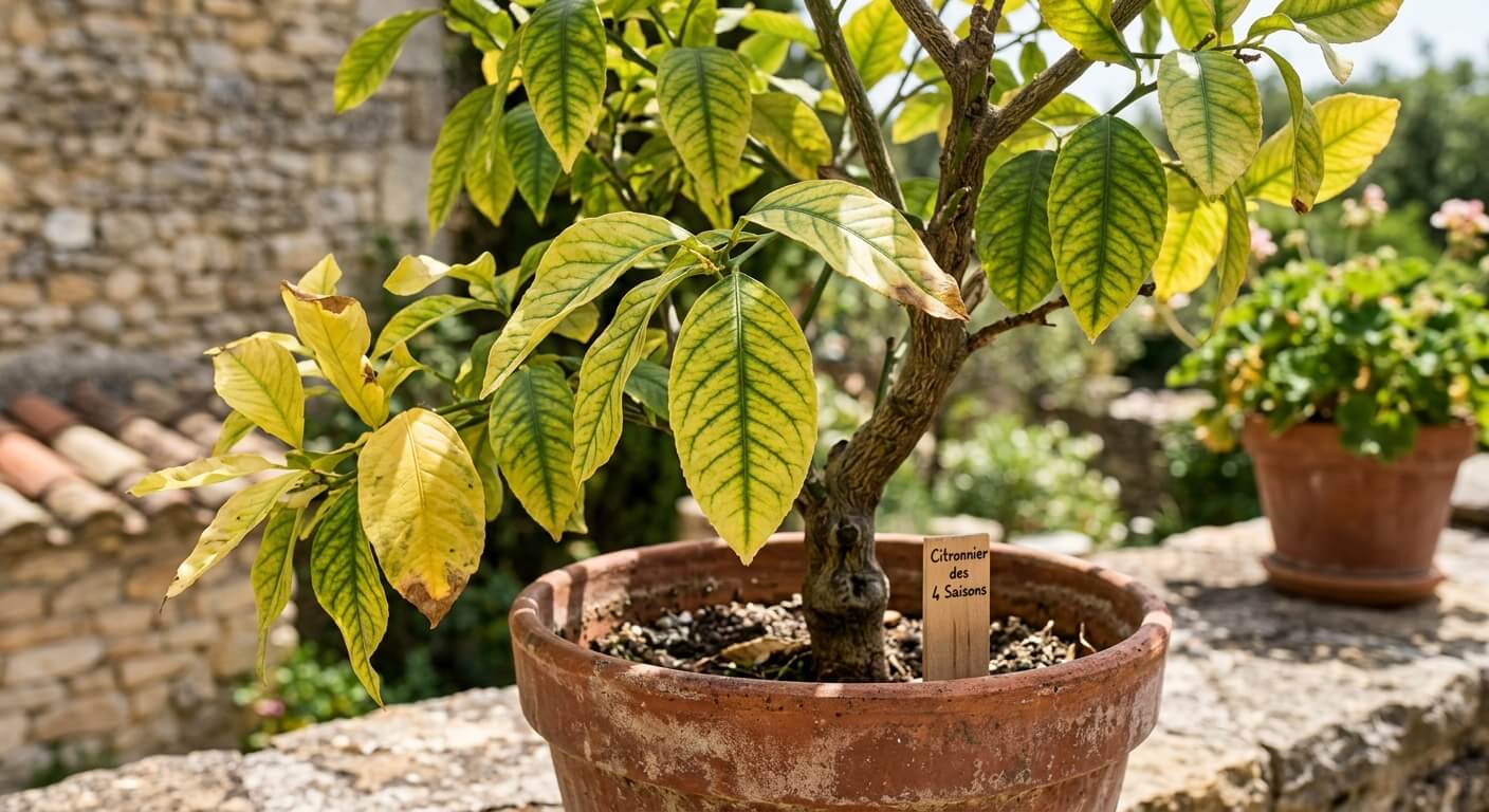 Feuillage d'un citronnier en pot présentant une décoloration jaune due à la chlorose ferrique.
